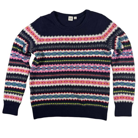 GAP Women’s Small Fair Isle Sweater Navy Blue Multicolor Stripe Cotton Blend - Picture 2 of 6